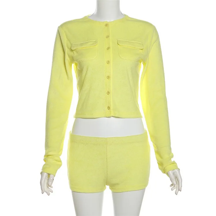 Autumn Basic Women 2Piece Sets Concise Long Sleeve Single Breasted O-neck Tops+Matching Shorts