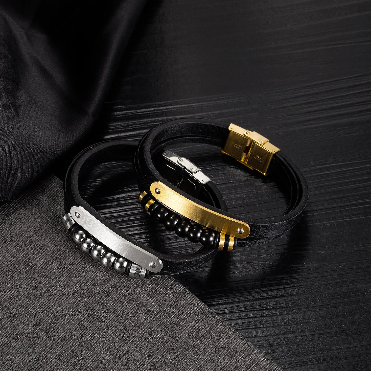 Adjustable Stainless Steel High Quality Mens Genuine Trending Boho Leather magnetic Bracelet