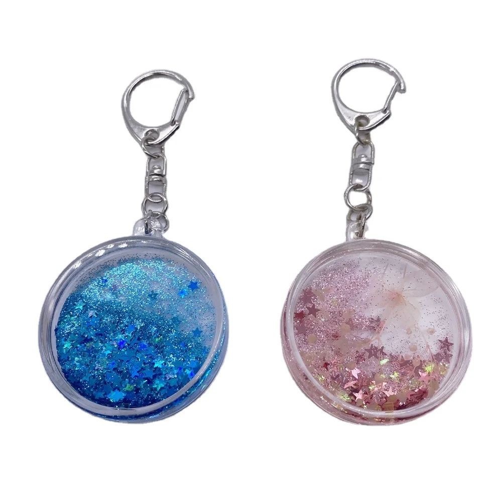 Acrylic souvenir art keychains with water oil inside keychain liquid hologram glitter keyring