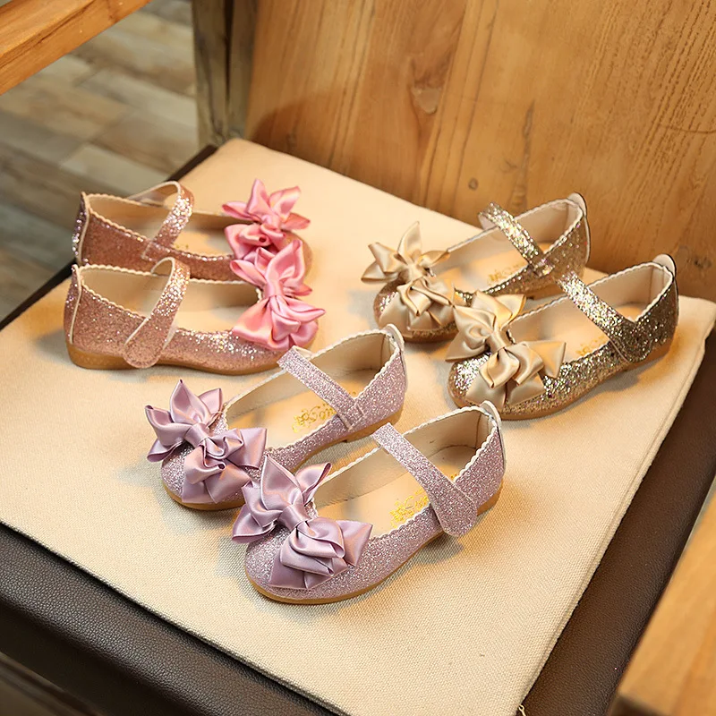  Wholesale new cute shining sequin bow knot princess flats shoes kids bling sandal casual dance for