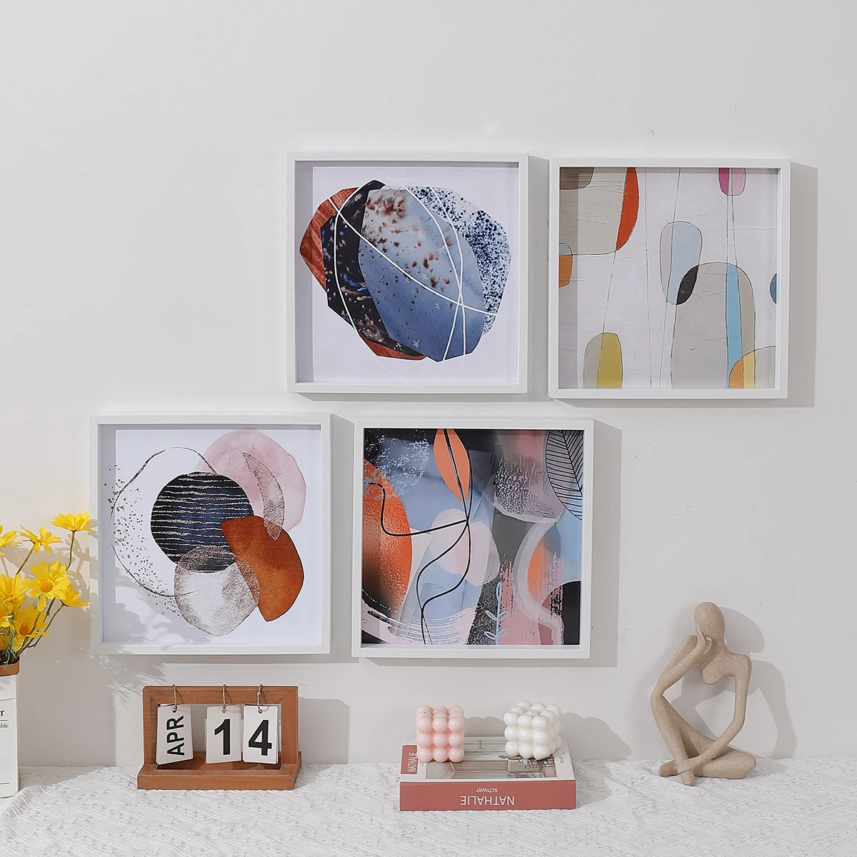 1PC Wood Photo Frame - Abstract Color Block Small Art Modern Simple Home Hanging Pictures square Living Room Murals