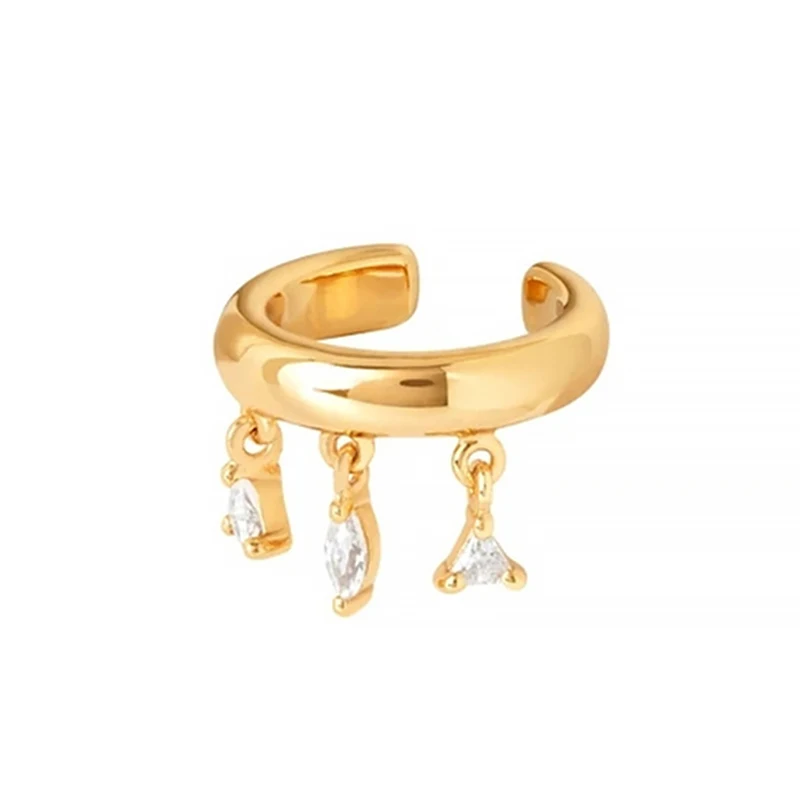 New Unique Design Single 18K Gold Plated Wide Face Zircon Charms Pendant Ear Clip On Earrings Vintage Cuff Earrings