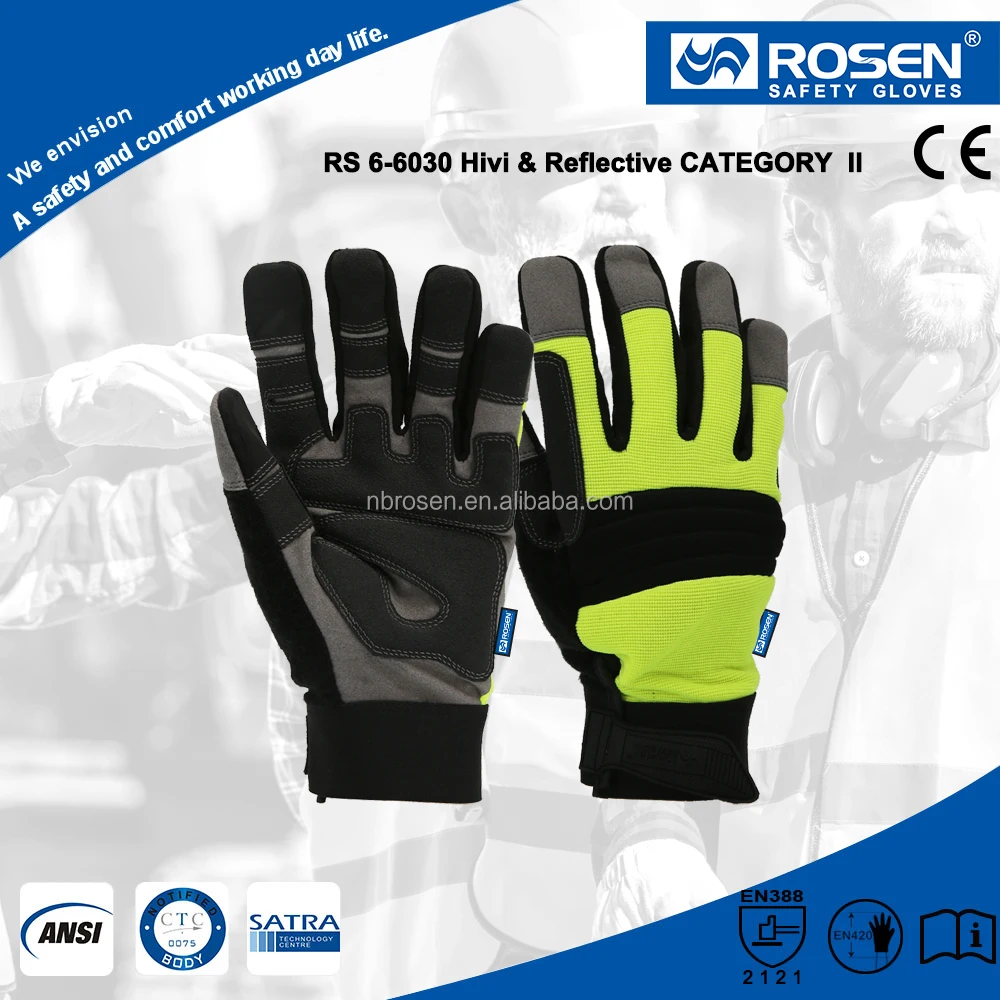 High Visibility Traffic Anti-Vibration Impact Custom Logo Reflective Microfiber Breathable Safety Work Mechanic Gloves