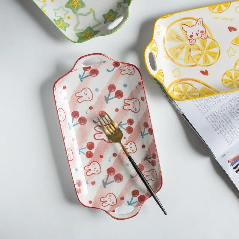 Creative Home Rectangular Fruit Pattern Ceramic Plate for Fish Fruit Sushi Cute Temperature Resistant Painted Ceramic Dinnerware
