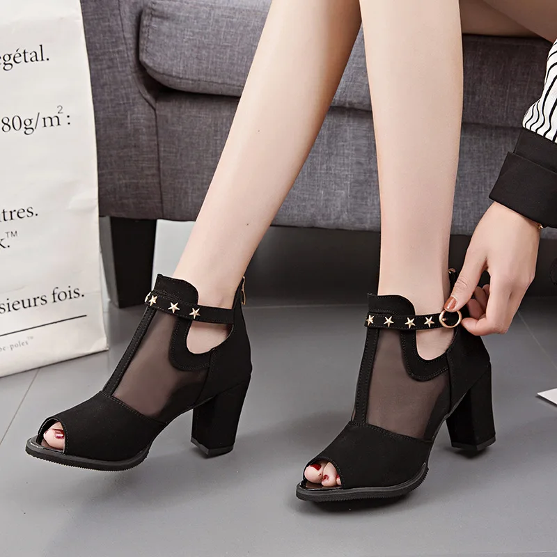 new design ladies summer mesh high heel sandals printing rivet buckle strap wedding boots shoes for women