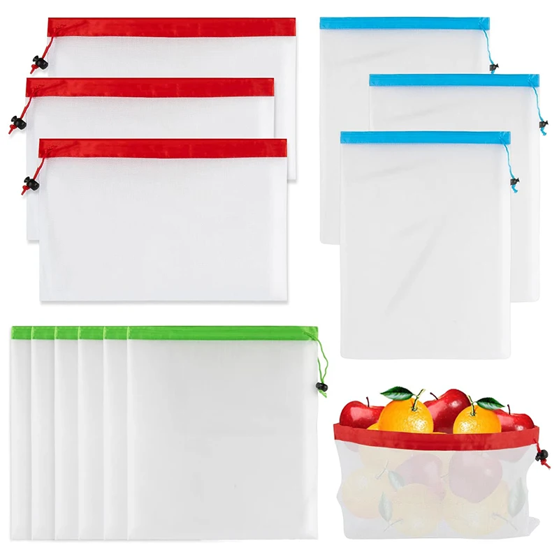 Eco-friendly Washable Nylon Mesh Fruits & Vegetables Storage Bags With Toggles & Top Trim