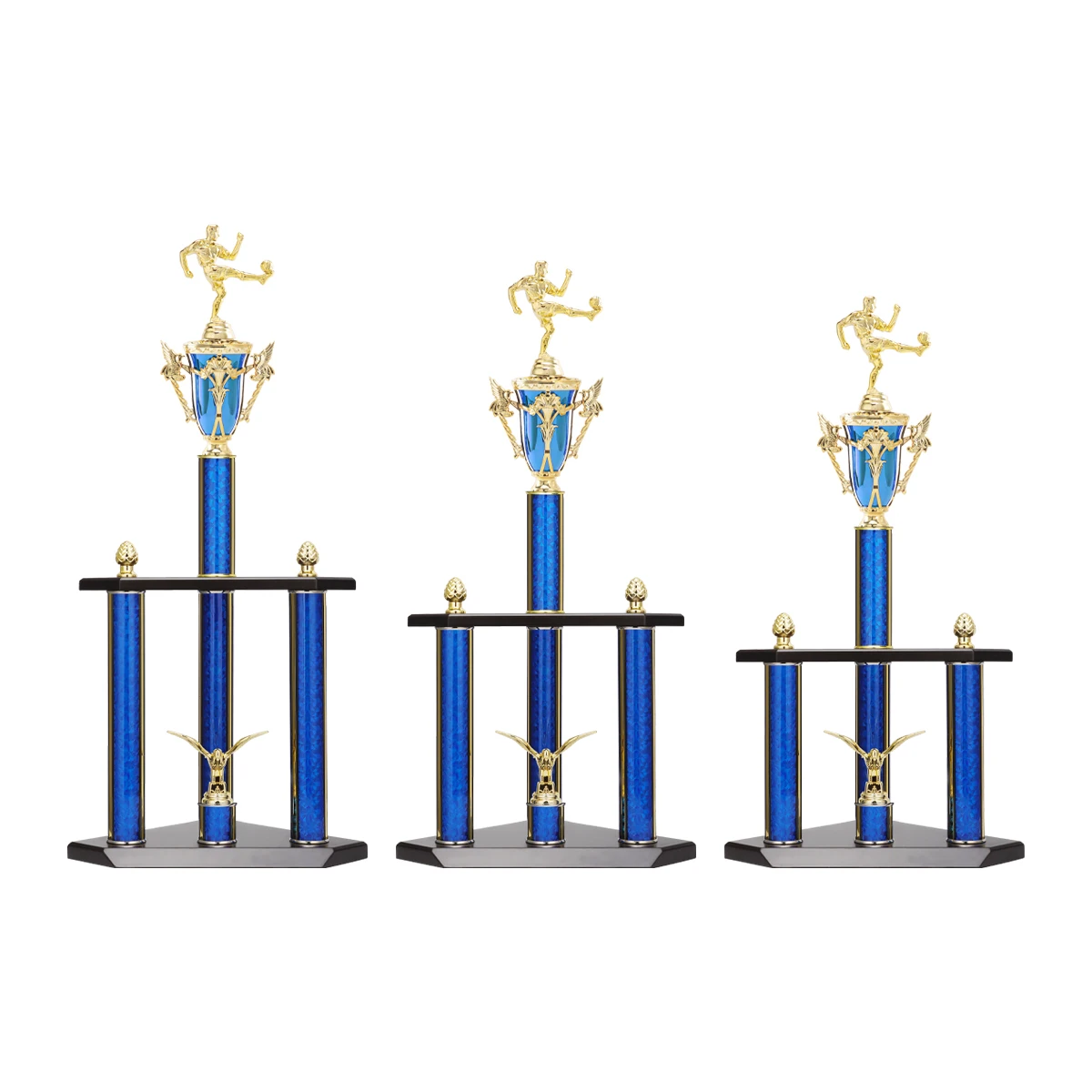 Большой пластиковый спортивный трофей синий 3-колонный для футбольных соревнований RZ15