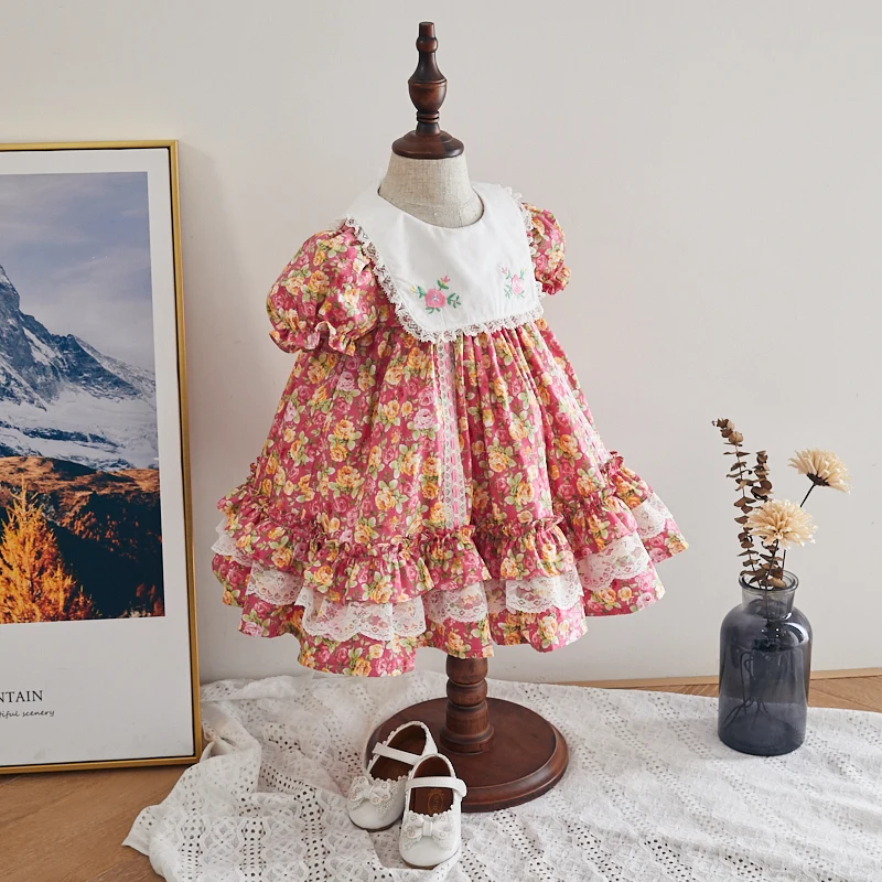 
2021 summer casual dress short sleeve flower embroidery baby floral kids girls dress 