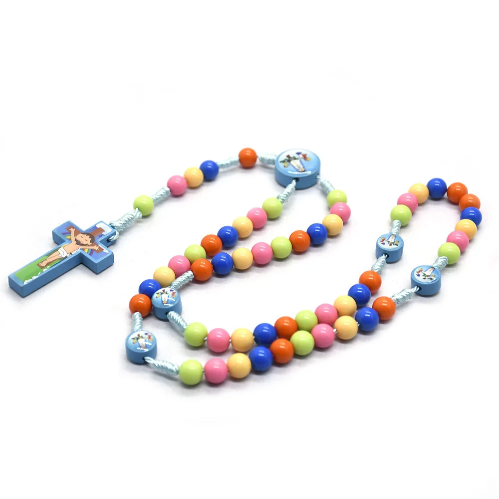 Braided Colourful Child Rosary Prayer Beads Necklace Jesus Cross Pendant Religious Catholicism Christian Baptism Prayer Gift