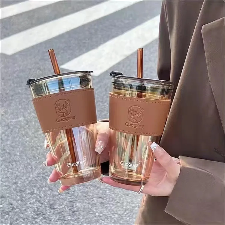350/450ml Coffee Straw Cup With Lid Heat-resistant Water Bottle Beer Drinkware Coffee Mug With Straw Deer Printed Leather Glass