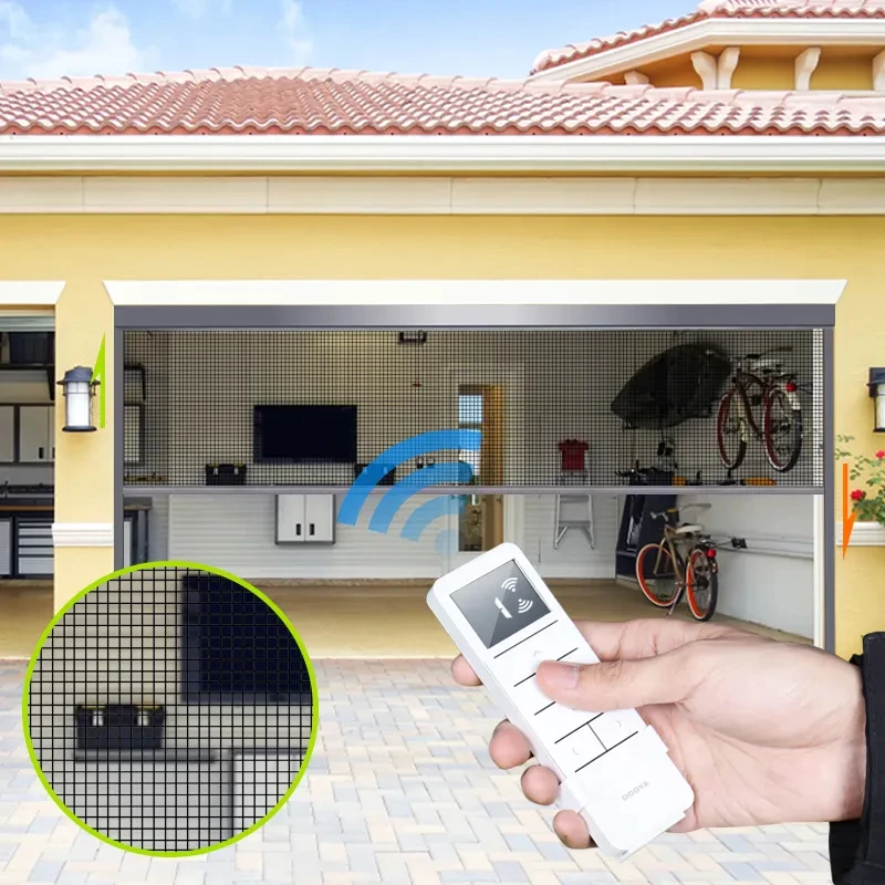 Hot Sale Aluminum Alloy Electric Roller Up Teslin Mesh Sunshade Retractable Fly Insect Screen Motorized Screen Door For Garage