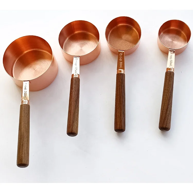 Gold Copper Stainless Steel Measuring Cups and Spoons Set 8 Pieces Engraved Measurements Measuring Cup & Spoon