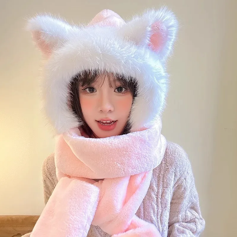 Fuzzy Animal Ear Hat Scarf Set IN Multiple Colors Winter Hoodie Hat Scarf Gloves Set