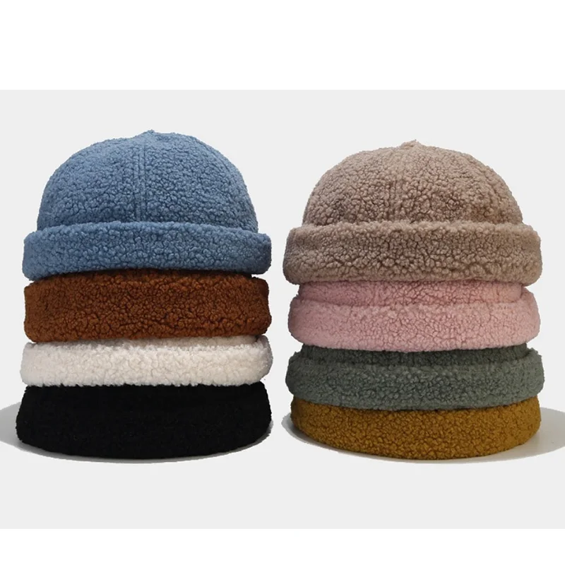 Rolled Cuff Retro Brimless Hats Fluffy Docker Cap Borg Docker Hat Melon Hat for Winter
