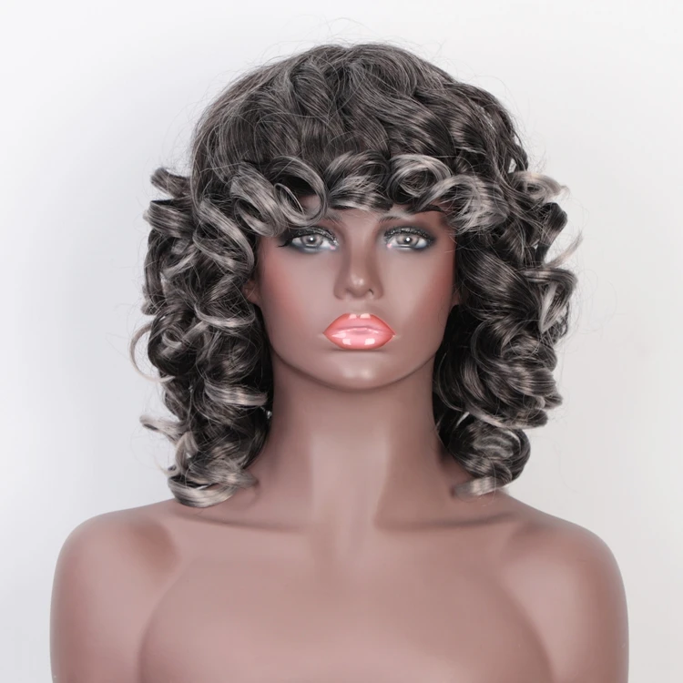 Aisi Hair Top Quality Cheap Price Loose Curl Gray Wigs For Women Machine Made Heat Resistant Synthetic Fiber Wigs With Bangs