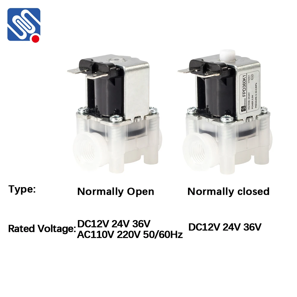 MEISHUO FPD360K type NO NC DC12V 24V 36V AC110V 220V plastic valve NPT 1/4 internal thread inlet and outlet water solenoid valve