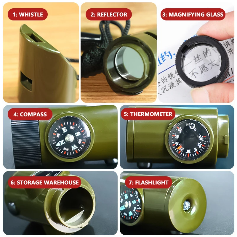 Outdoor Seven-in-One Survival Multifunctional Emergency Portable Emergency Compass Magnifying Glass Torch Therm Whistl