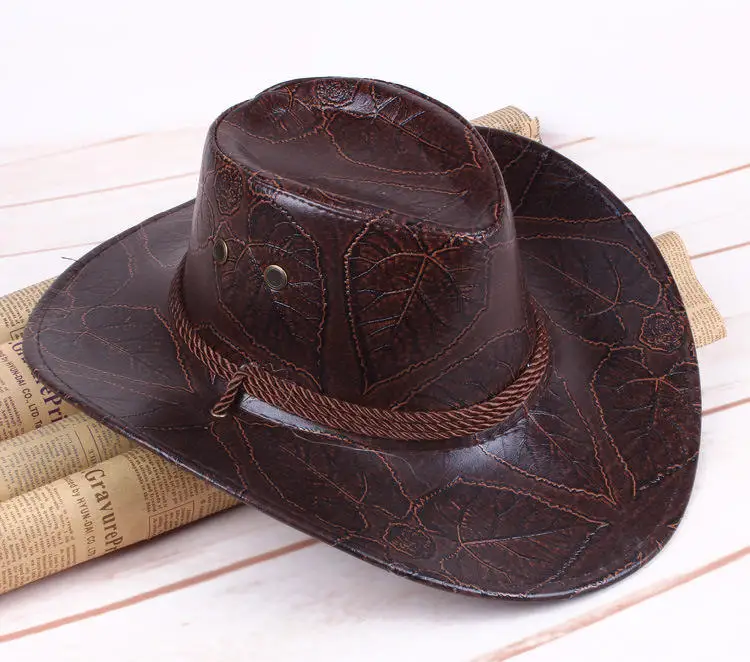 Hot Sale Bulk Cowboy Hats Men Adult Leather Print Ranger Panama Black Cowboy Hat Men