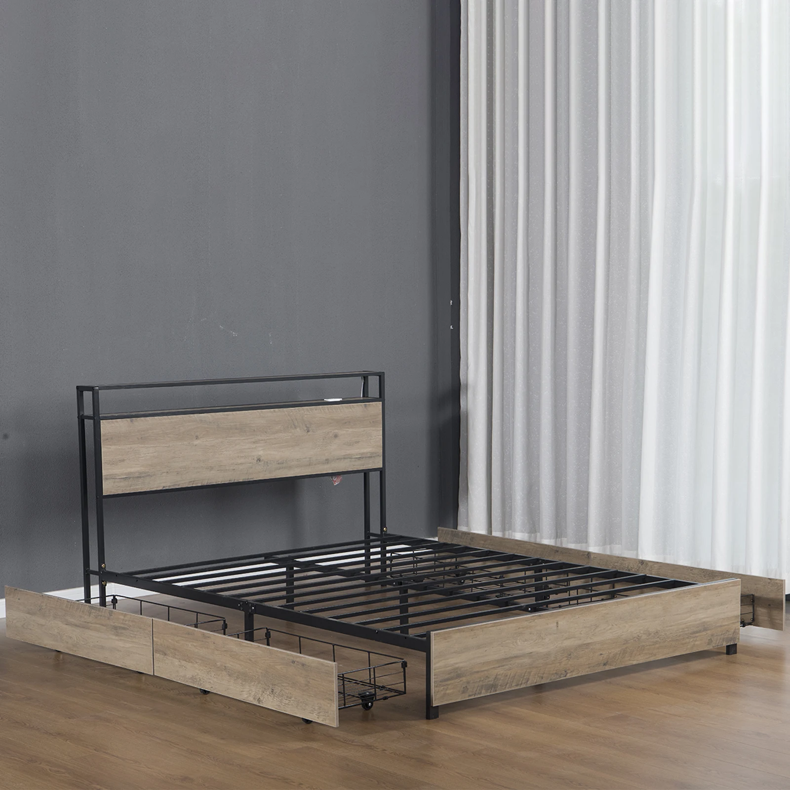 Willsoon Modern Design Metal Bed Wooden Headboard Solid wood metal LED bed Double size