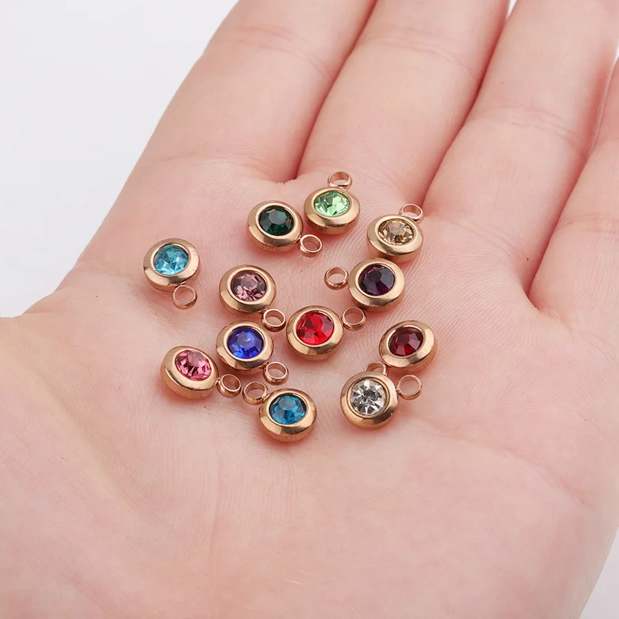 6.5MM Crystal Stainless Steel Round Birthstone Charms Pendant For DIY Necklace Bracelets Jewelry Making Rose Gold Plated Jewelry