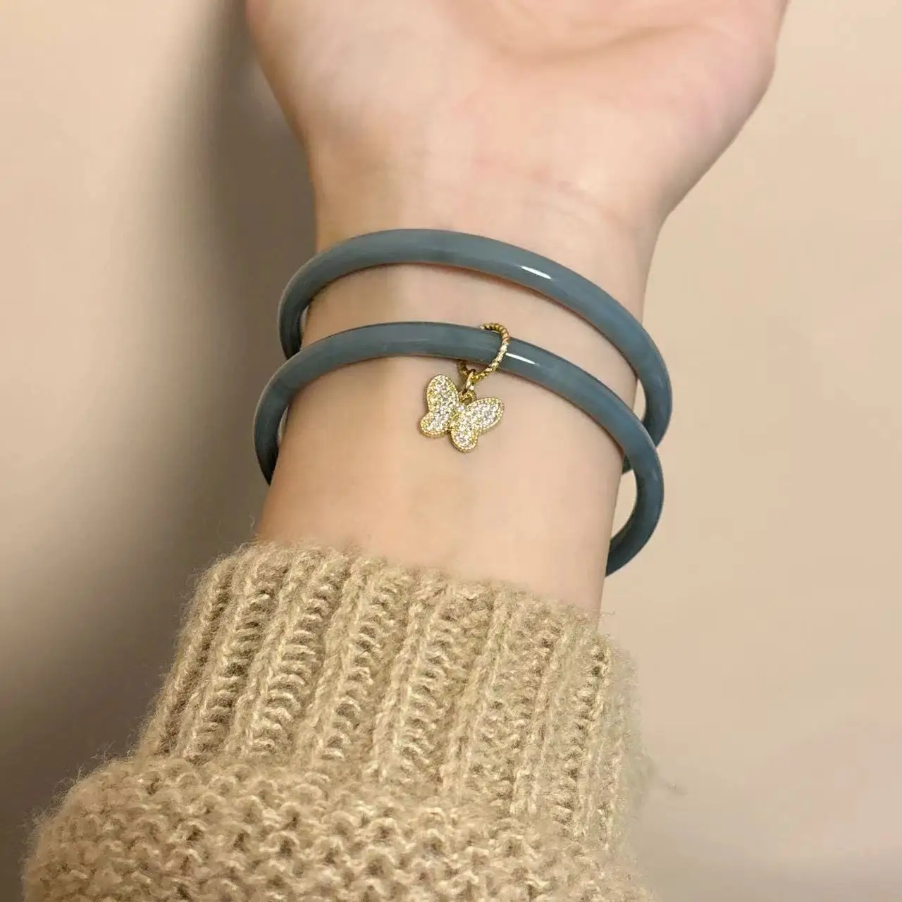 Chinese Style Gradient Color Imitation jade Bangle Zircon Butterfly Charm Cuff Bracelet chalcedony Glaze bracelet for Women