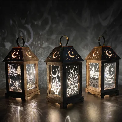 
Eid Mubarak Wood Lantern for Muslim Ramadan Party Decoration Wood Hanging Lantern with Led 