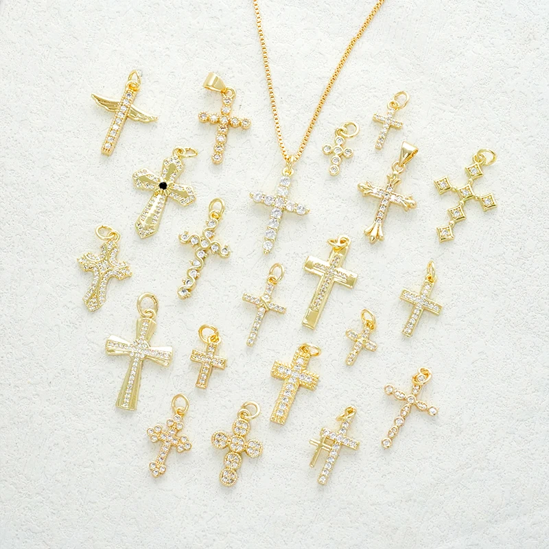 Wholesale Fashion Gold Filled Plated Brass Necklace Cz Cross Pendants Charms For Diy Jewelry Making Bracelets Earrings Accessory