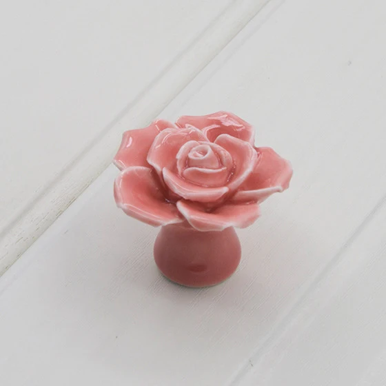 Furniture Flower Ceramic Drawer Handles Knobs  Elegant Pink Rose Pulls