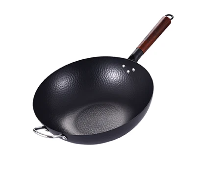 Premium Stainless Steel Uncoated Carbon Pan Non Stick Kitchen Black Fine Iron Wok Pan With Wooden Handle