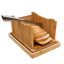 Premium Bamboo Bread Slicer With Stainless-Steel Knife Wood Cutting Guide with Crumb Tray For Homemade Bread, Cake, Bagels
