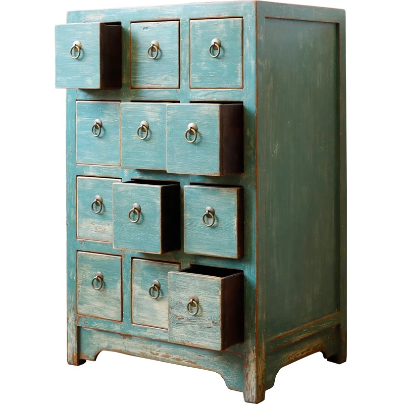 Furniture factory Chinese traditional distressed lacquered wood furniture paint vintage multi-purpose 12-drawer cabinet