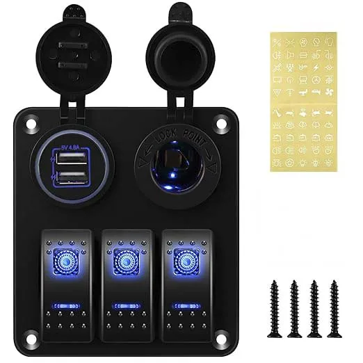 12V 24V 3 Gang Rocker Switch Panel USB Charger Cigarette Lighter Socket Automotive Marine RV Auto Off Road Boat Switch Panel
