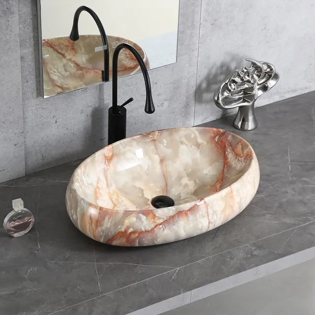 Sanitary ware oval marble stone pattern art basin  no hole multi color easy clean art vanity wash bath sink ceramic art sink