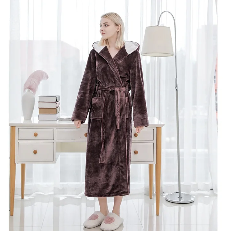 Women and men long fluffy fleece sleepwear warm adult nightgown organic bathrobes with hood