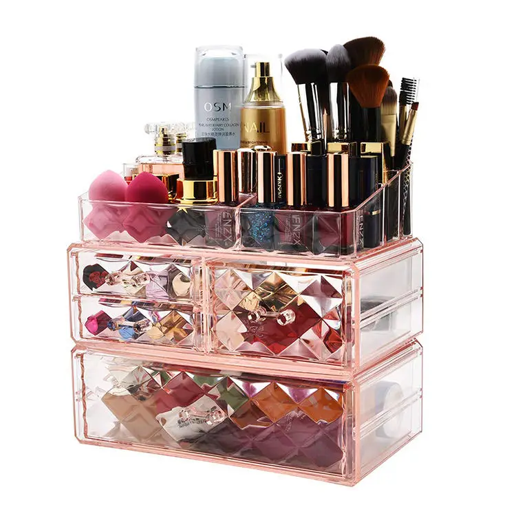 Choice Fun Wholesale Pink Diamond Pattern Clear Makeup Organizer Storage Box Cosmetic Storage Box