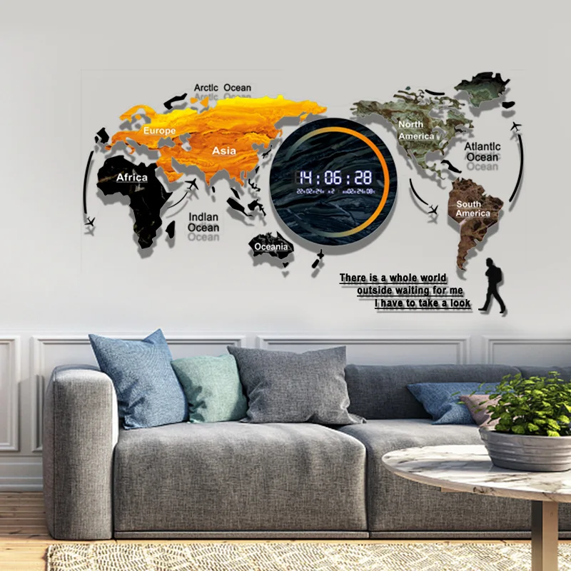 74x34cm wall Decorative Acrylic Digital Wall Clocks Creative World Map Shape Smart Led Clock with Calendar