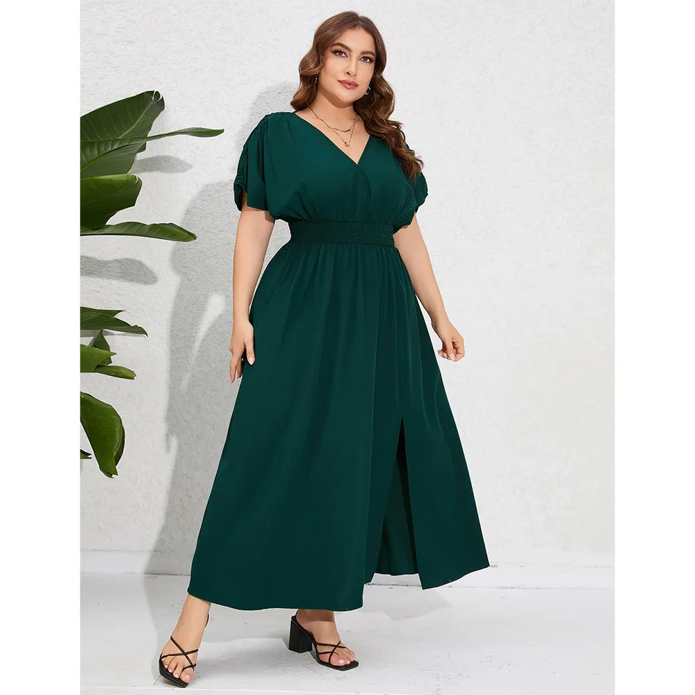 Plus Size V Neck Maxi Dress Short Sleeve Pleated High Waisted Split Casual Evening Party Summer Dress