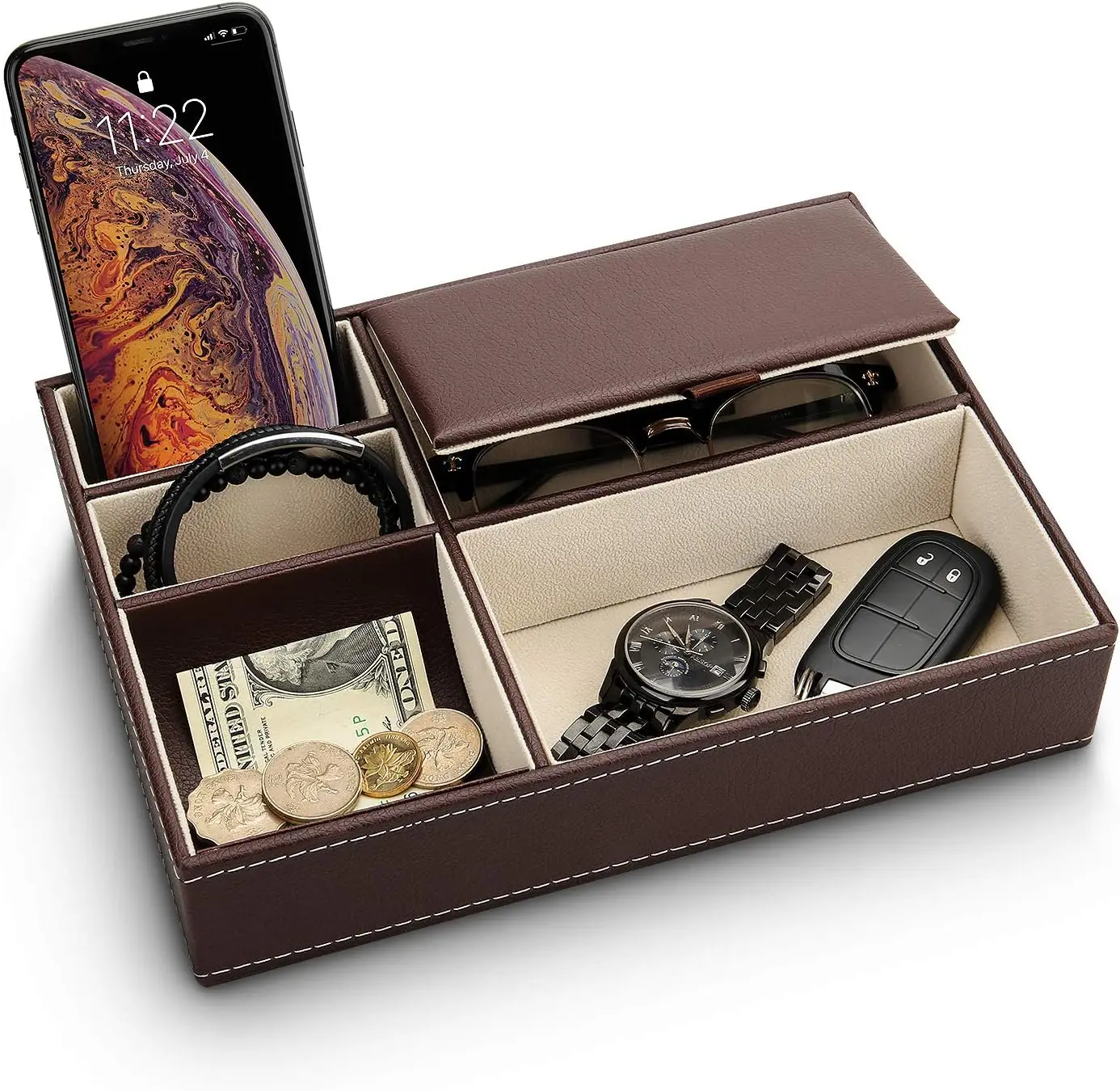 Mens Valet Desk Tray Nightstand Organizer With 5 Compartments Dresser Faux Leather Storage Case for Wallet Phone Keys