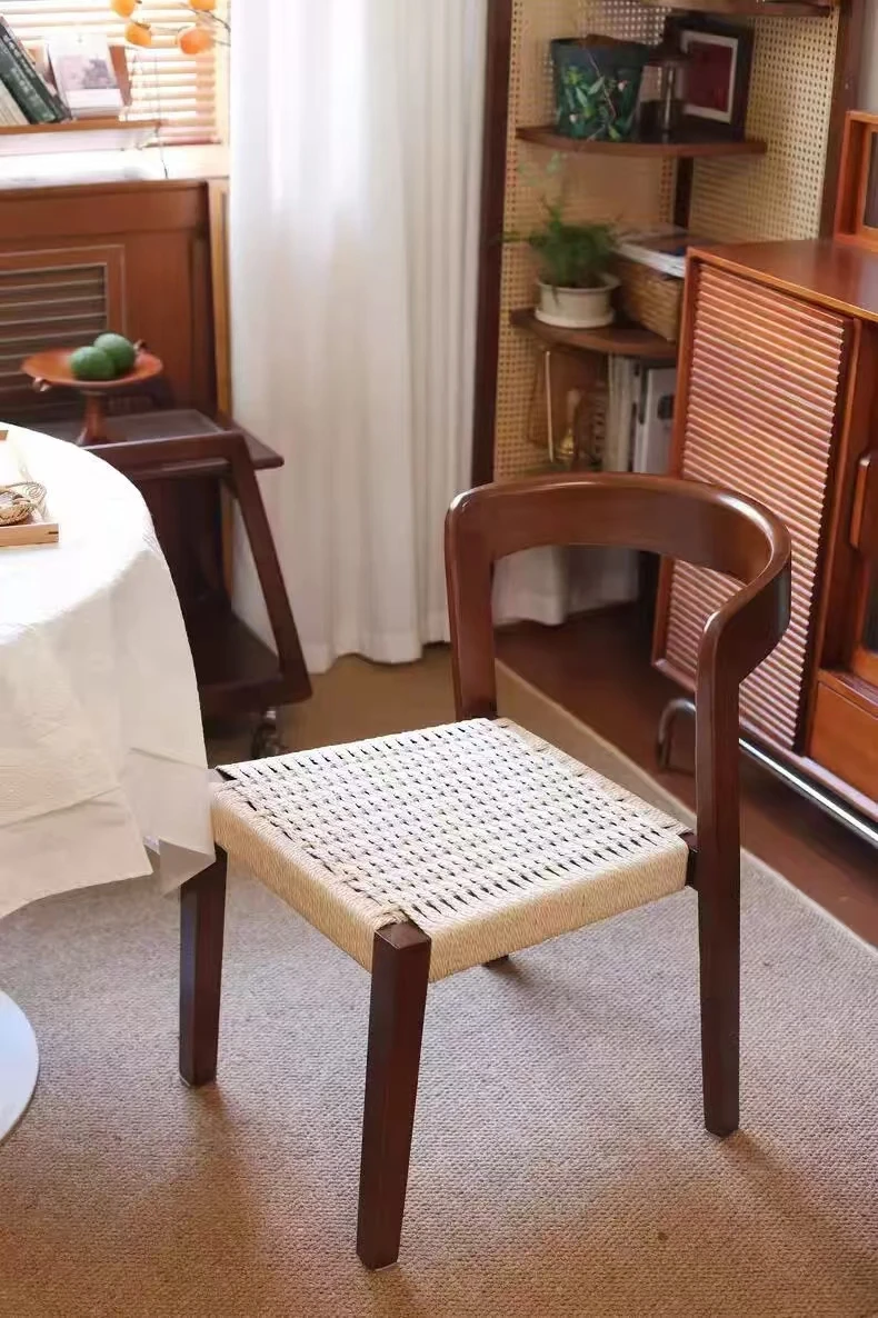 High Quality Hotel Home Dining Room Furniture Cherry Wood Dining Chair with Woven Rope Seat