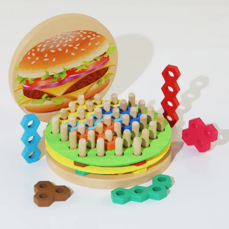 Children Wooden Hamburger Hot Dog Set Column Building Block Puzzle Logical Thinking Training Early Education Puzzle For Kids