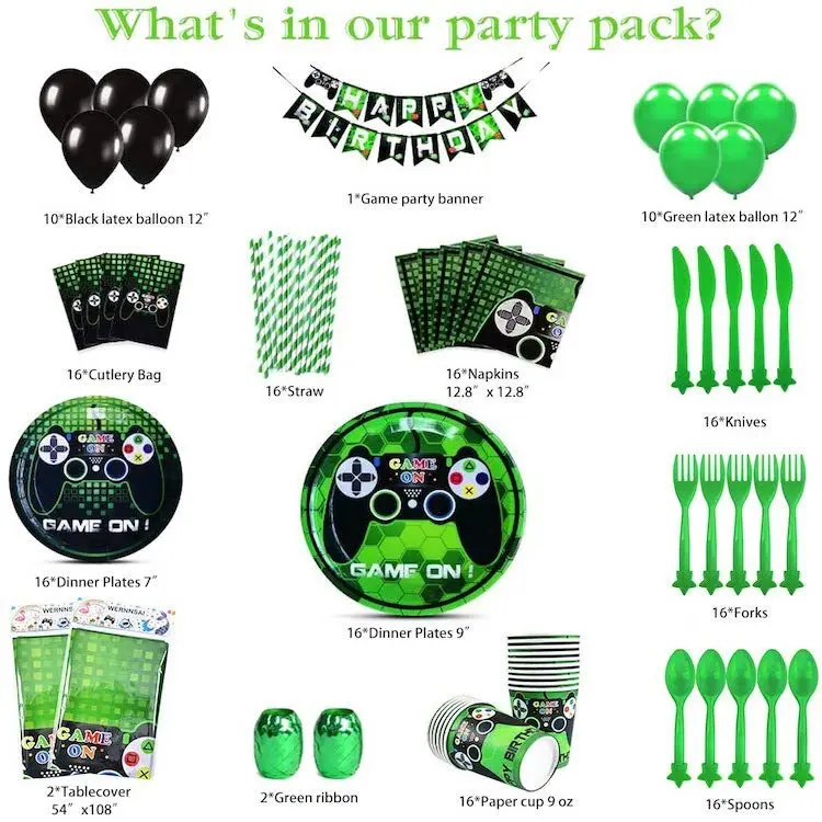 Hot sale decoration green video game party birthday party supplies disposable paper tableware set