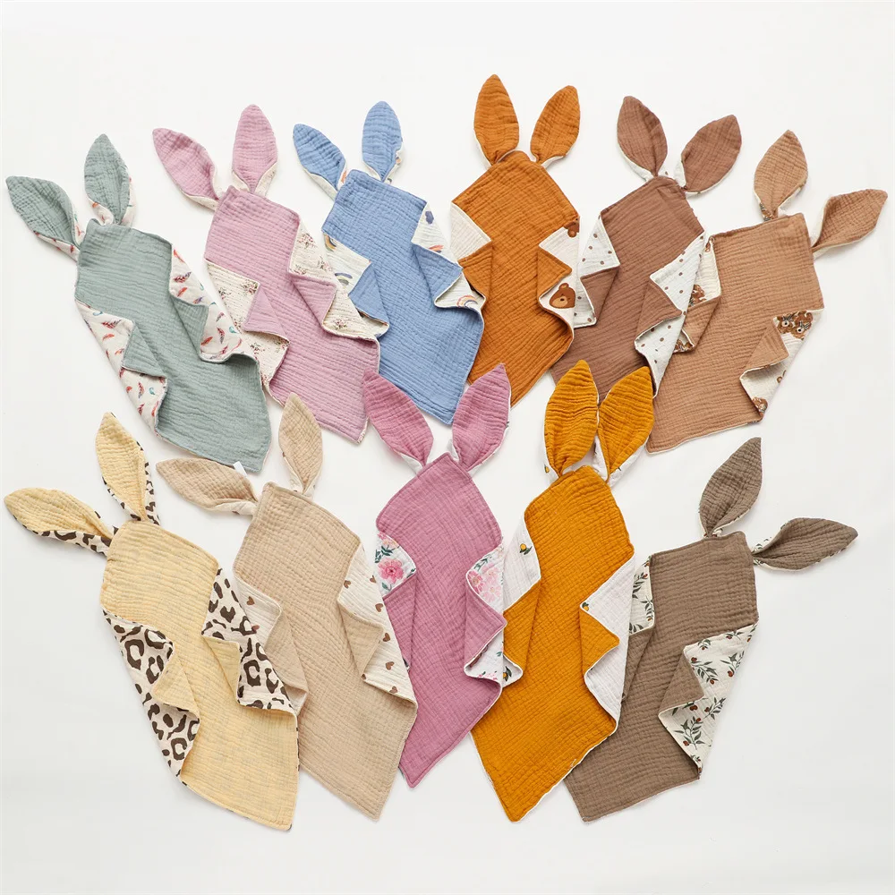 Baby Print Comforting Towel Rabbit Ear Pure Cotton Baby Blanket Double-layer Square Saliva Burp Towel 30*30cm
