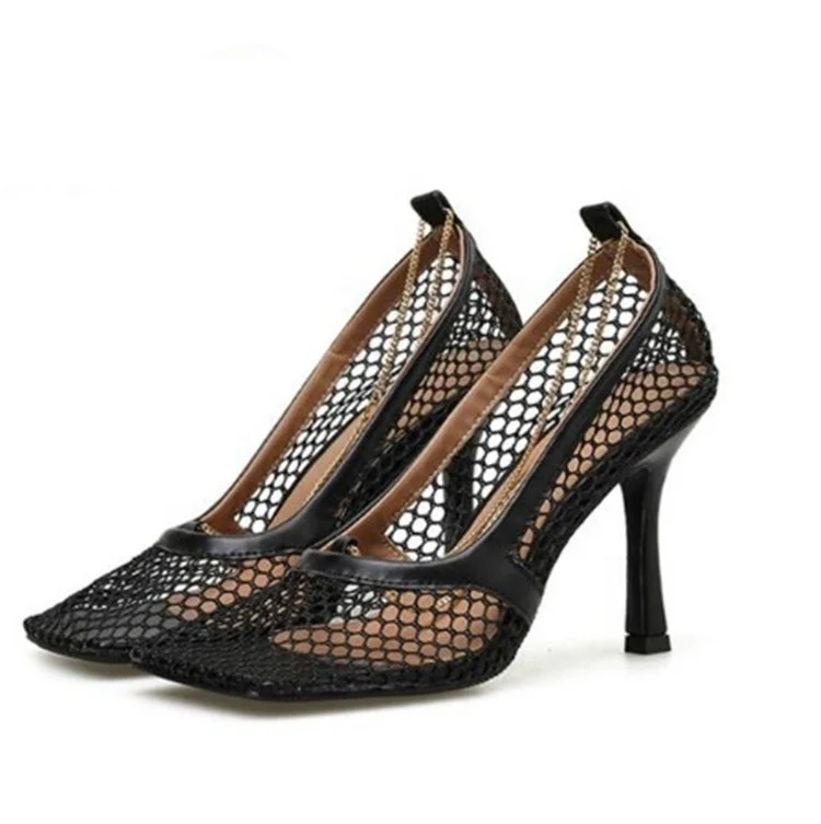 
2021 Vintage Square Toe Stretch Pumps Women Gold Chain High Heels Ladies Fishnet Heels Pumps Shoes 