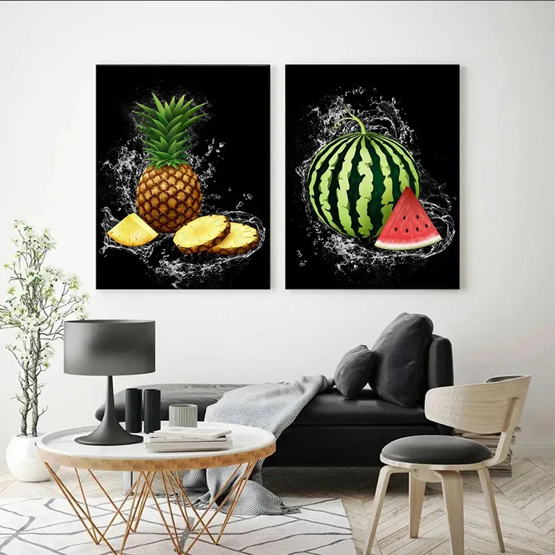 Natural Fresh Fruits Splash Poster and Prints Strawberry Oranges Canvas Painting Kitchen Shop Dining Room Decor Wall Art Picture