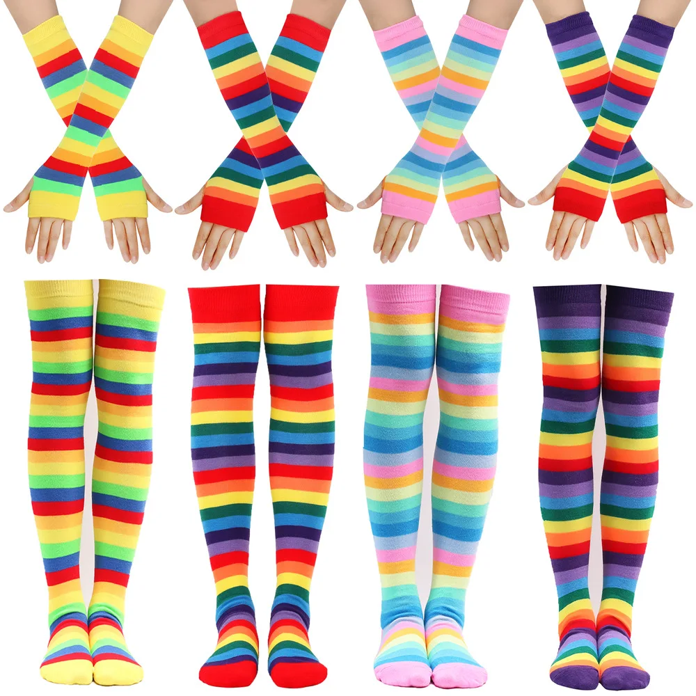 Wholesale High Quality Women Sleeve Gloves Rainbow Socks Striped Over The Knee High Socks Set