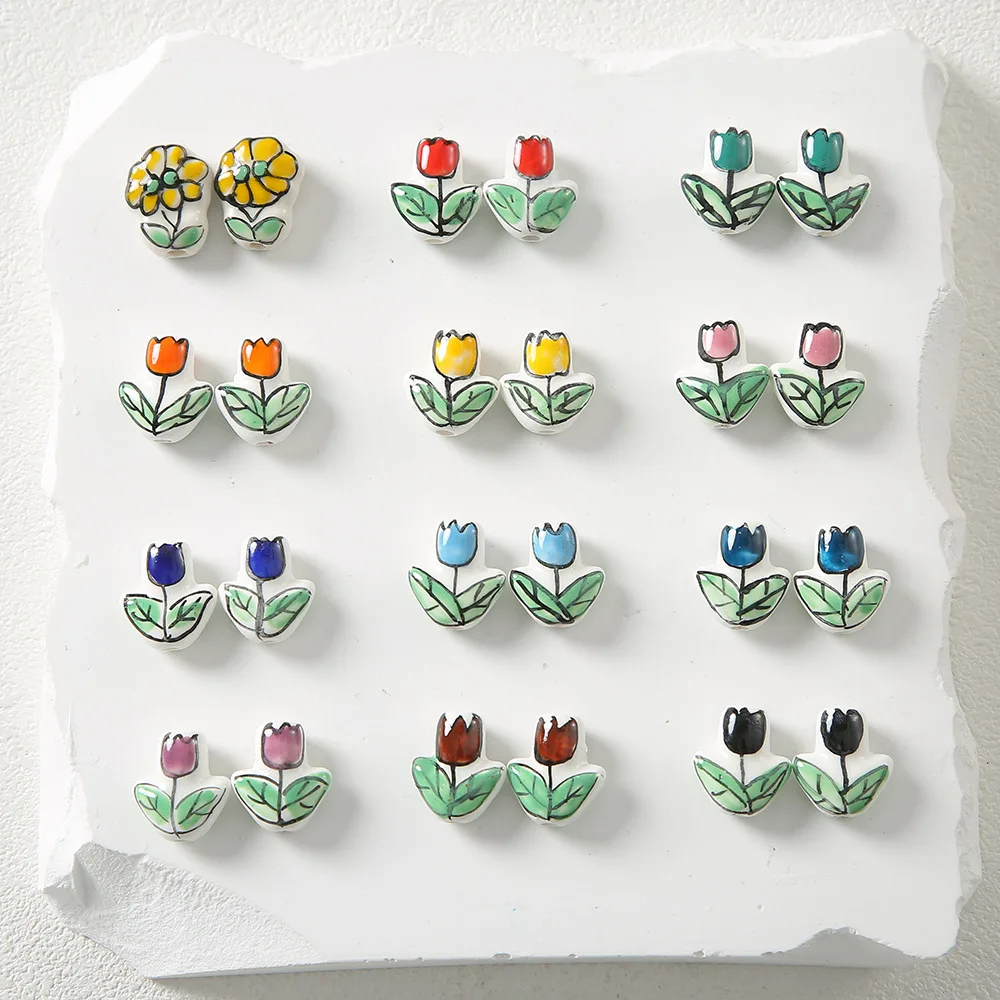 DIY hand painted tulip rose flower ceramic bead china Porcelain loose beads for jewelry making accessories wholesale