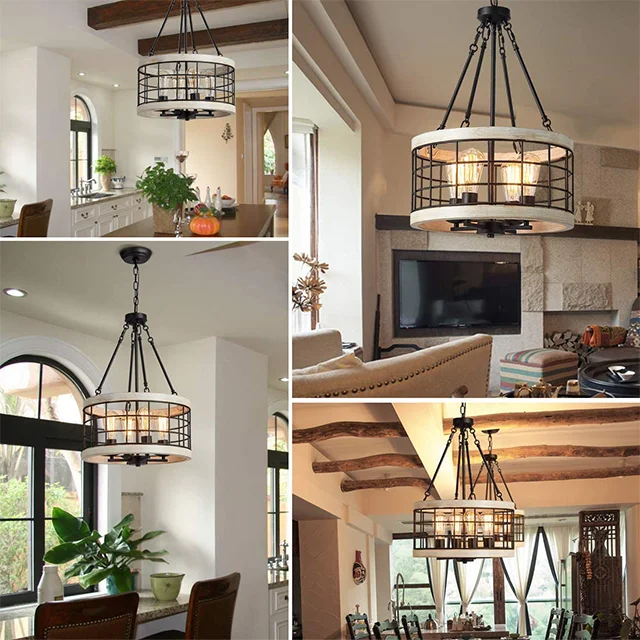 White oak and black metal finishes, suitable for bedroom, kitchen island, stairwell, country farmhouse 4 lamp chandelier
