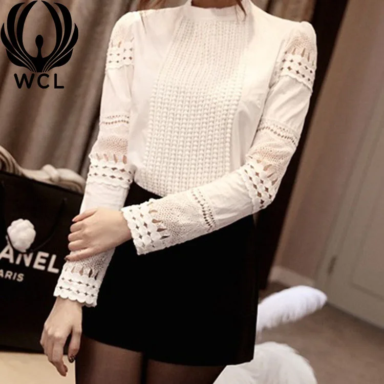 Breathable Slim fit Cotton Hook Flower Casual Elegant Long sleeved White Bottoming Blouses Hollow Lace Shirt (1600241068307)