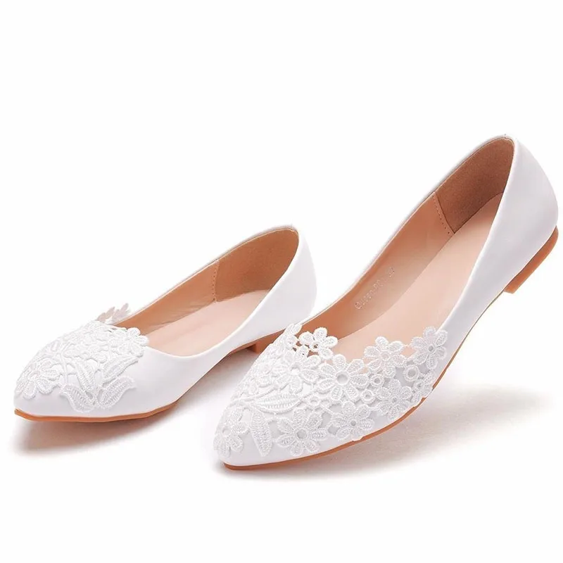 Lady Flat White Lace Bridal Shoes Lady Plus Size Party Crystal Sandals Floral Wedding Shoes