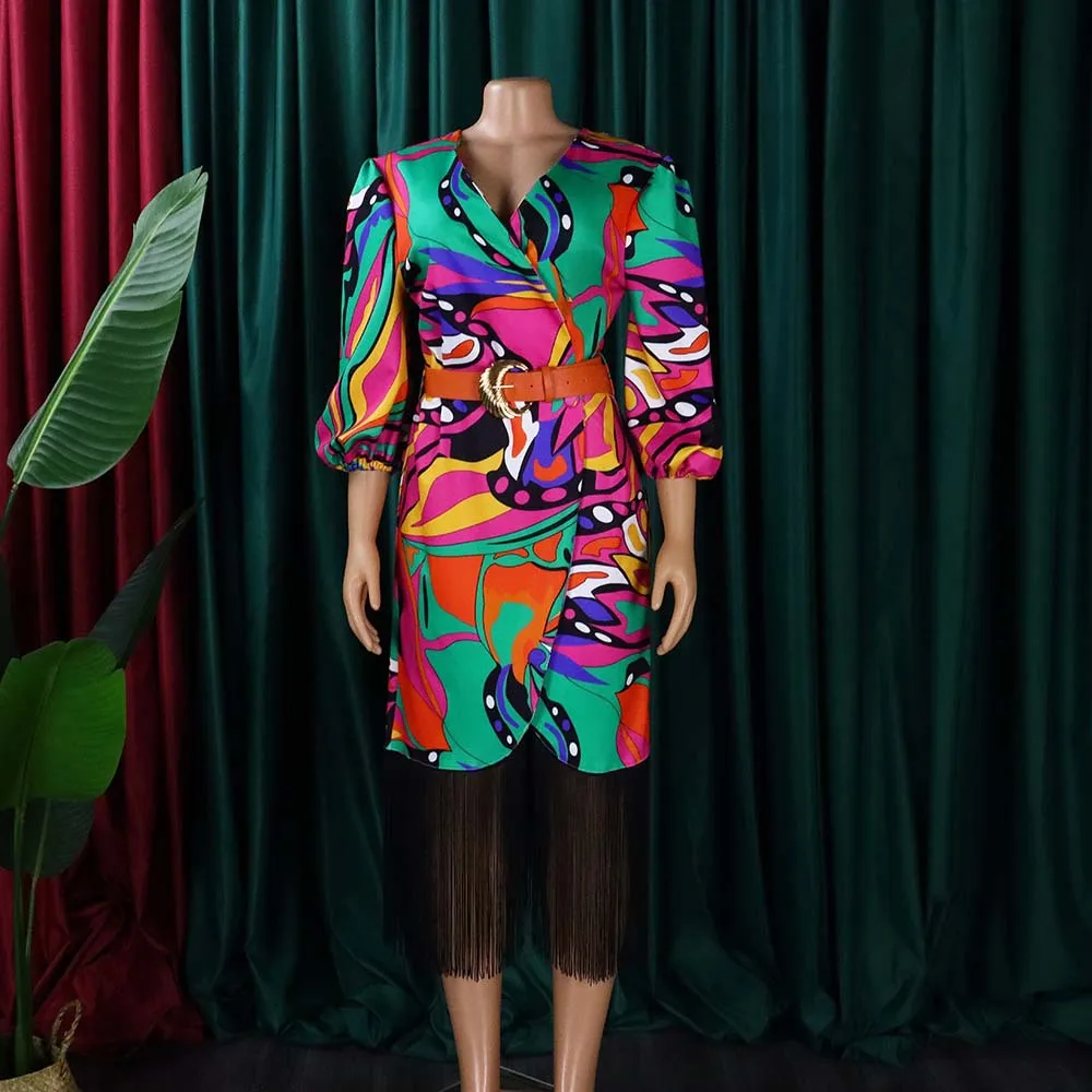 BOBOYU 2022 african women casual office dress fashion colorful printed half sleeve blazer dress elegant tassel dress with belt